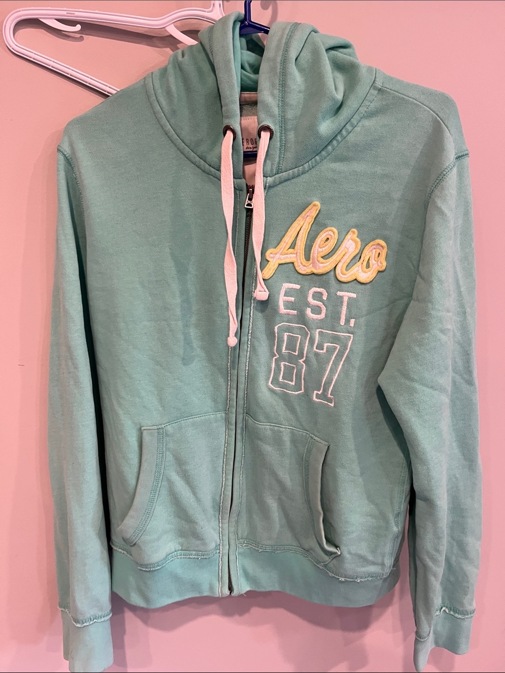 Aeropostale Mint Green Zip-Up Hoodie with Yellow Logo